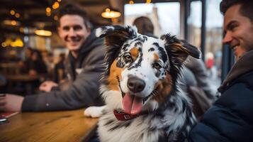 Pet friendly places concept. Man with cute dog sitting at the table in a cafe. Emotional support concept. photo