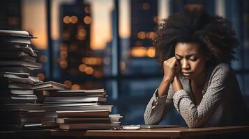 profesional agotamiento síndrome. cansado negro piel hembra gerente en oficina sentado a el ordenador portátil. fecha límite, estrés, depresión a trabajo foto