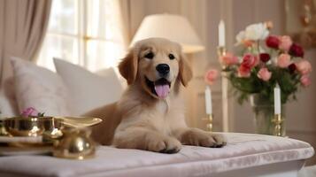 Pets friendly hotel or home room. Golden retriever puppy dog in luxurious hotel resting in bed. Traveling with pets. Emotional support concept. photo
