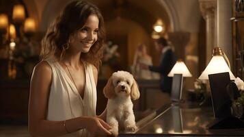 Pet friendly places concept. Woman guest with dog at reception or lobby. Emotional support concept. photo