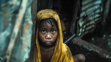 Small children gazes solemnly at the camera, eyes reflecting innocence and vulnerability. . photo