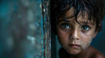 Small children gazes solemnly at the camera, eyes reflecting innocence and vulnerability. . photo