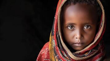 pequeño niños miradas solemnemente a el cámara, ojos reflejando inocencia y vulnerabilidad. . foto