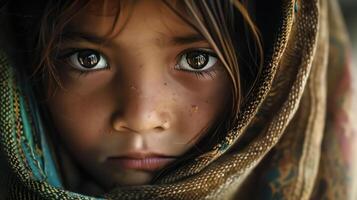 Small children gazes solemnly at the camera, eyes reflecting innocence and vulnerability. . photo