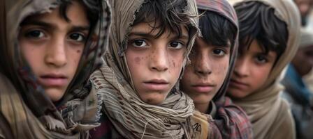 pequeño niños miradas solemnemente a el cámara, ojos reflejando inocencia y vulnerabilidad. . foto