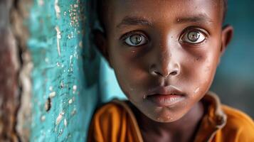 Small children gazes solemnly at the camera, eyes reflecting innocence and vulnerability. . photo