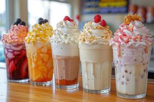 Various milkshakes with cream on a counter professional advertising food photography photo