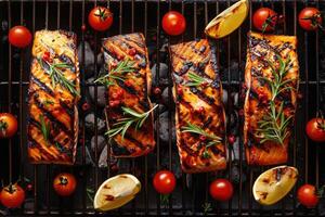 salmon grilled on a grill professional advertising food photography photo
