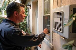 Technician checking air conditioner in home photo