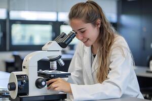 Happy female student looking through microscope photo