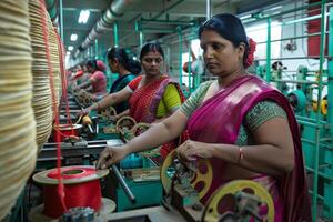 grupo de indio mujer trabajando en textil fábrica foto