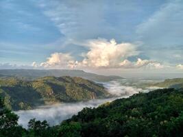 view of misty mountains in the morning photo