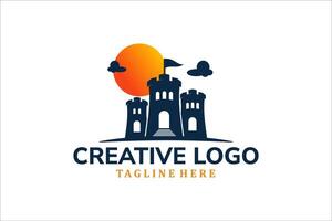 Modern Flat Unique castle logo vintage with sunset background logo template illustration design vector