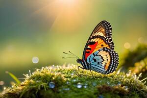 Butterfly on green moss with sunlight and bokeh background photo