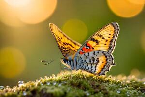 mariposa en verde musgo con luz de sol y bokeh antecedentes con Brillo Solar foto