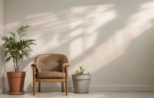 A tranquil indoor scene with a brown armchair positioned between two potted plants against a wall with shadows cast by window blinds, embodying a minimalist aesthetic and peaceful ambiance. photo