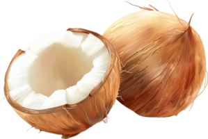 Whole and Halved Coconuts with White Flesh png