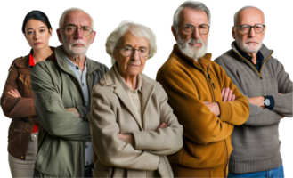 gruppo di grave anziano cittadini con piegato braccia. png