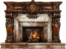 Stone Fireplace with Burning Firewood. png