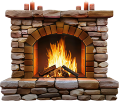 Stone Fireplace with Burning Firewood. png