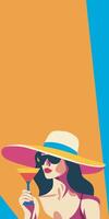 summer flat banner with place for text poster in bright sunny colors abstract girl in glasses and a hat with a cocktail in her hands, a tourist on vacation vector