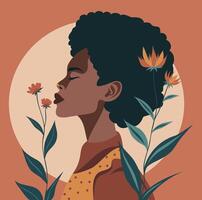 ilustración de un hermosa africano americano negro mujer en un antecedentes de flores feminidad, independencia. feminismo, género igualdad, empoderamiento concepto vector