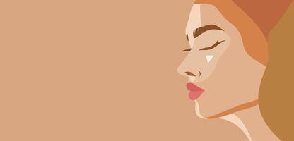 bandera con sitio para texto, cara retrato de un mujer en perfil. ilustración en beige pastel colores para impresión vector