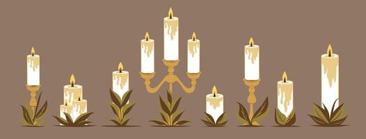 set of different candles isolated on a beige background, wax candles in candlesticks in the form of leaves and plants, creative design, flat illustration vector