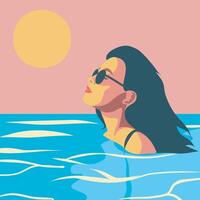 flat illustration summer vacation. Woman in the pool. Woman girl in glasses swims in the ocean sea. The girl swims in the water. Portrait illustration. graphics of a girl on vacation vector