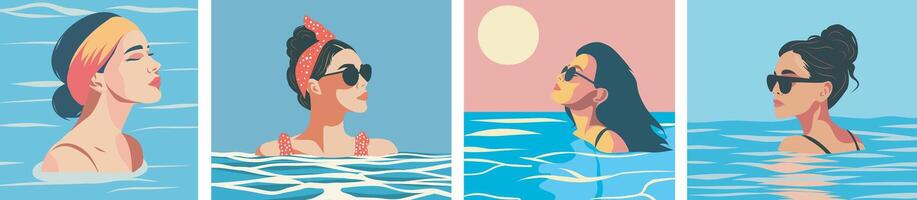 conjunto de pancartas carteles en el tema de vacaciones, turismo, diferente bronceado hermosa muchachas en el agua en un bikini en el playa tomar el sol y nadar en el Oceano mar vector