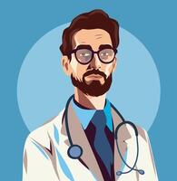 ilustración avatar icono masculino médico adulto experimentado grave vistiendo lentes. auto confianza. plano personaje, hospital, tratamiento, cirujano, pediatra cuidado de la salud ilustración vector