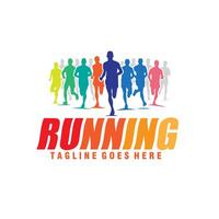 maratón correr, silueta grupo de corriendo personas color lleno logo gráfico vector