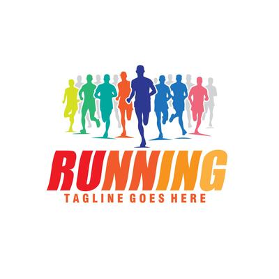 marathon run, silhouette group of running people color full logo graphic