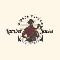 lumberjack man hold the ax vintage badge logo graphic illustration vector