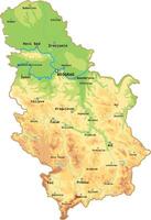 color physical map of Serbia. The territory of a European state with large cities, borders of regions, rivers, mountains. vector