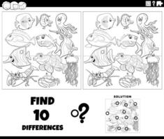 differences activity with cartoon marine animals coloring page vector