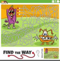 maze activity game with cartoon monsters characters vector