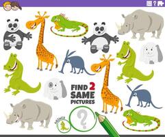 encontrar dos mismo dibujos animados animal caracteres actividad juego vector