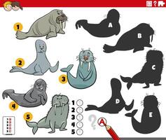 finding shadows activity with cartoon seals and walruses vector