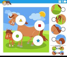 match the pieces activity with cartoon horse and foal farm animals vector