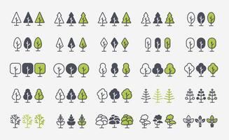 plano bosque arboles iconos, jardín o parque paisaje elementos. vector