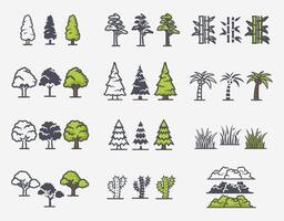 plano bosque arboles iconos, jardín o parque paisaje elementos. vector