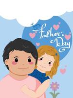hand drawn illustration blue flat background. happy fathers day. dad and cute daughter vector