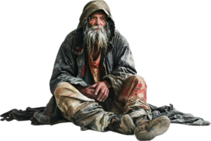 Alten obdachlos Mann Sitzung auf Straße. png