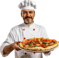 chefe de cozinha segurando recentemente fez pizza. png