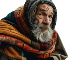 Alten obdachlos Mann Sitzung auf Straße. png