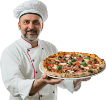 chef en portant fraîchement fabriqué Pizza. png