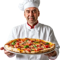 chefe de cozinha segurando recentemente fez pizza. png