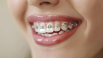 Close up of beautiful woman teeth with orthodontic braces. photo