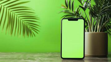 teléfono inteligente con verde pantalla en de madera mesa y verde pared antecedentes. foto